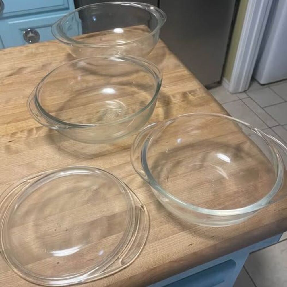 Vintage Pyrex Clear Glass Casserole Bowls Set with Lid